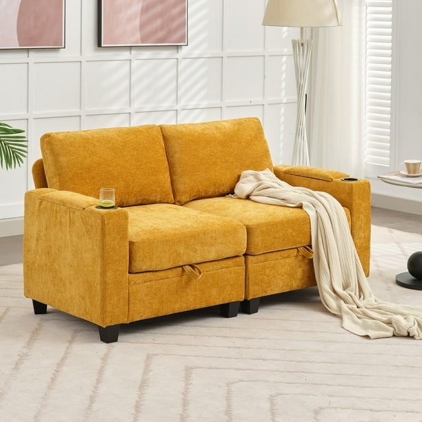 Loveseat Yellow Ribbed Fabric Storage Drawers Cup Holders Modern