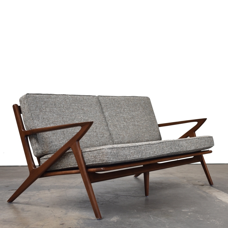 Loveseat Z-Shaped Arms Textured Grey Fabric Mid Century Wood Frame