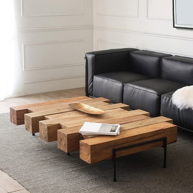 Low Profile Coffee Table Staggered Wood Beams Chunky Geometric Base