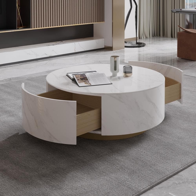 Low Profile Coffee Table with Marble Pattern Wrap and Curved Drawers