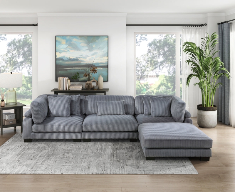 Low Profile Corduroy Sectional, Modular Sofa with Ottoman.