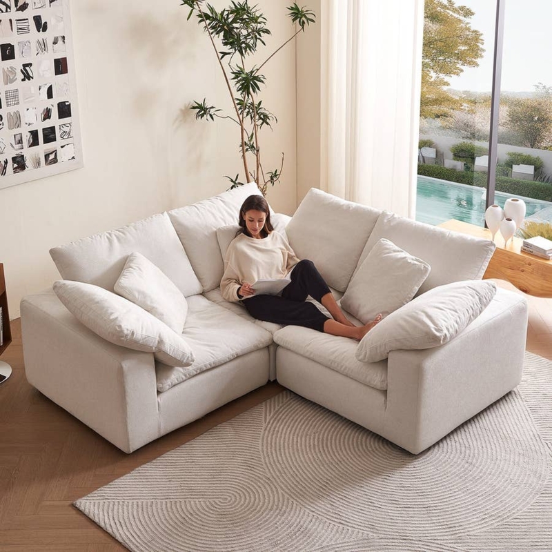 Low Profile Cream Sectional Sofa with Deep Cloud-Like Cushions