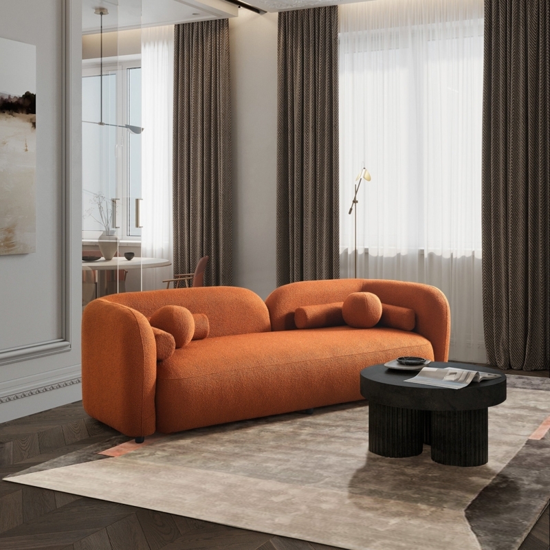 Low-Profile Curved Sofa in Burnt Orange Boucle