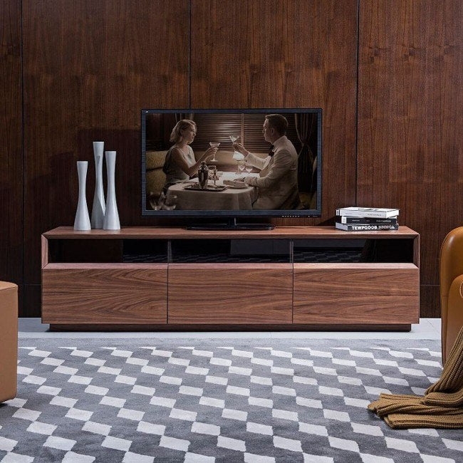 Low Profile Media Console with Three Drawers & Recessed Storage Shelf