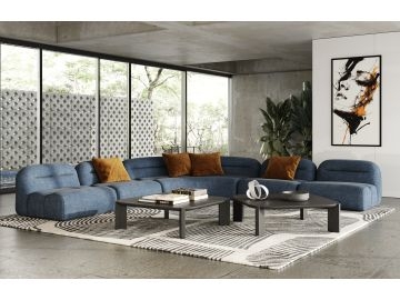 Low Profile Modular Blue Sectional Sofa with Horizontal Channel Tufting