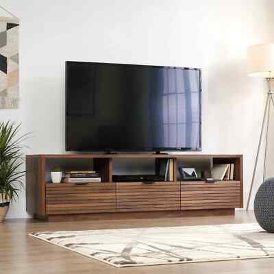 Low-Profile Ribbed Wood TV Stand with Walnut Finish and Three Drawers