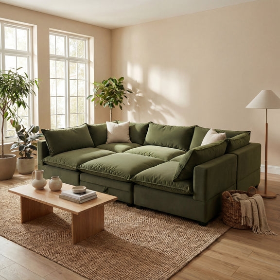 Low Profile Sectional Olive Green Velvet Modular Deep Seat