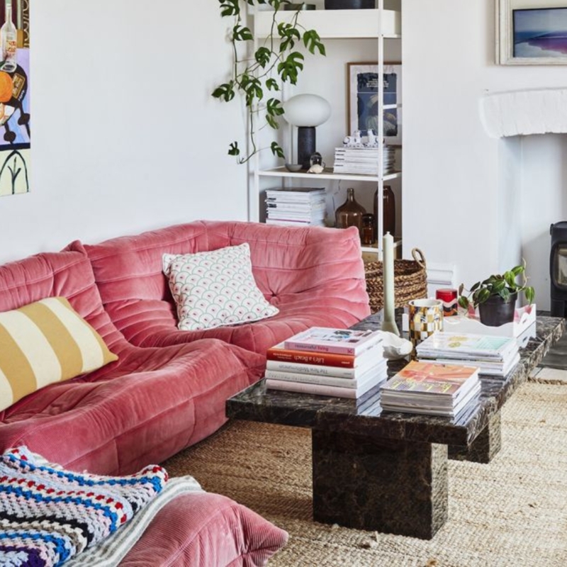 Low Profile Sectional Sofa Pink Channel Tufted Velvet