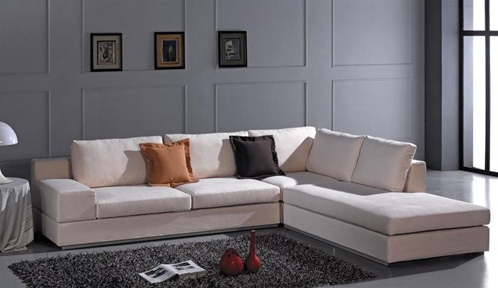 Low Profile Sectional Sofa with Block Arms in Cream Microfiber