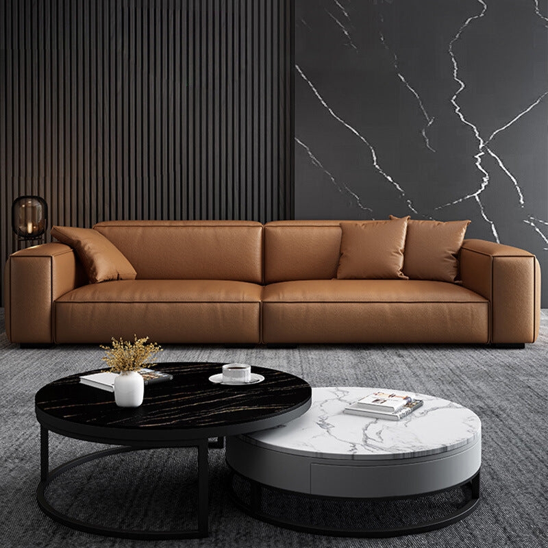Low Profile Sofa Tan Leather Like Track Arms Nested Marble Tables