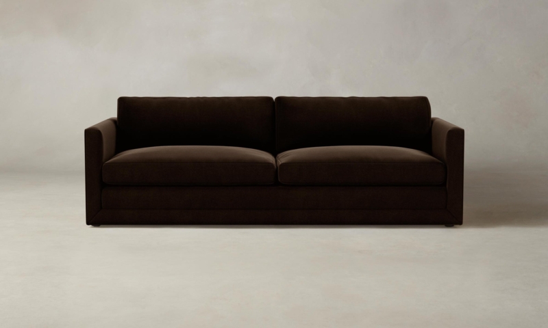 Low Profile Sofa with Track Arms in Minimalist Dark Brown Velvet