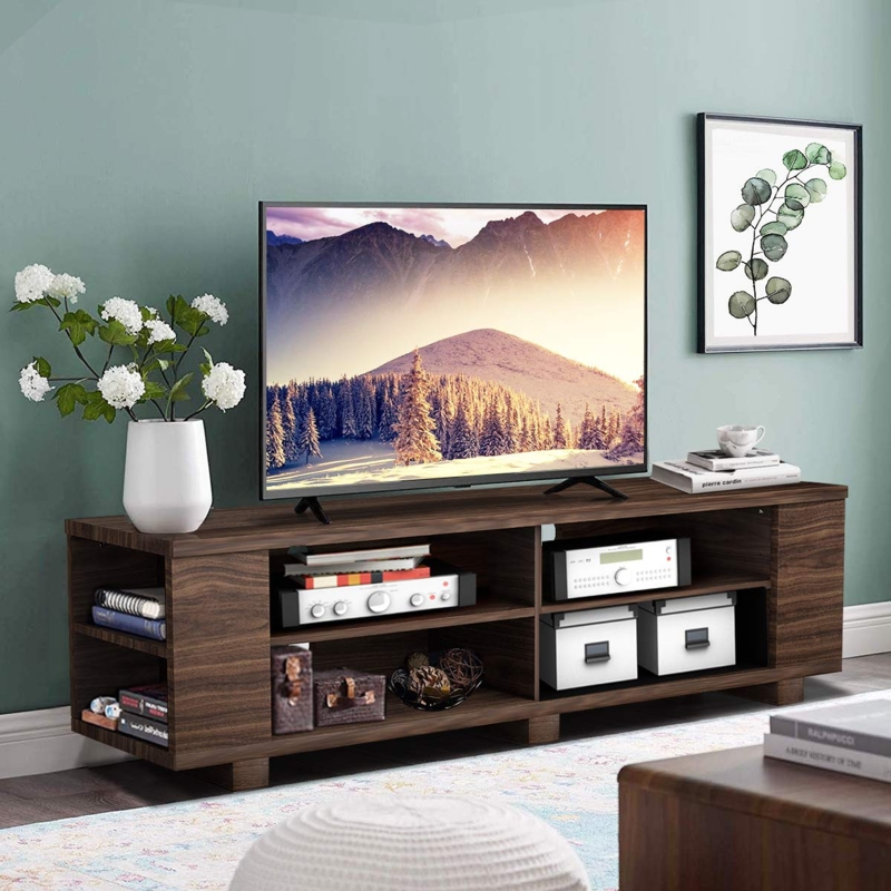 Low Profile TV Stand with Eight Open Shelves in Walnut