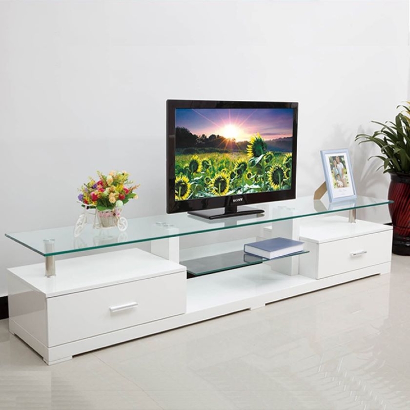 Low Profile TV Stand with Floating Glass Top High Gloss