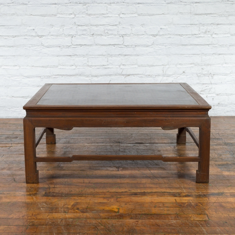 Low Rectangular Coffee Table, Dark Lacquered Inset Top, Curved Apron