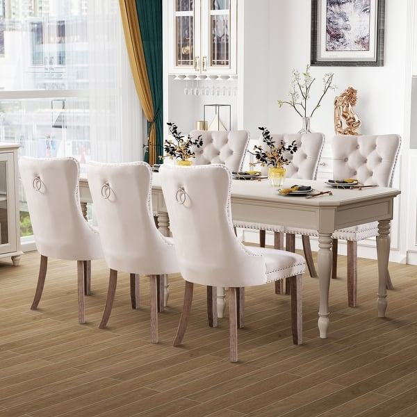 Luxury Cream Velvet Tufted Dining Chairs with Silver Ring Pulls