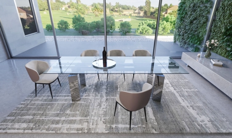 Luxury Extendable Table with Glass Top and Upholstered Bucket Seats