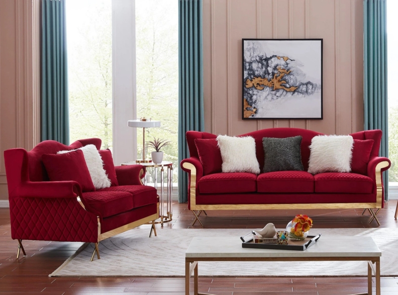 Luxury Living Room Set with Diamond Quilted Panels and Gold Base