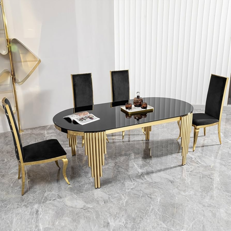 Luxury Oval Dining Table Black Glass, Stepped Gold Pedestal