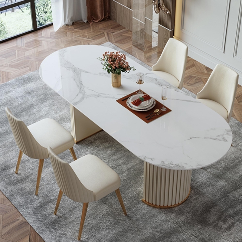 Luxury Oval Stone Dining Table with Dual Roman Column Legs