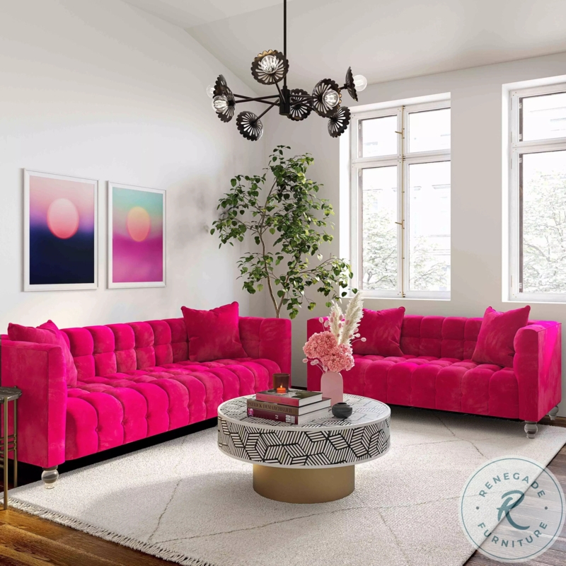 Magenta Velvet Sofa Clear Acrylic Legs Channel Tufted Glam