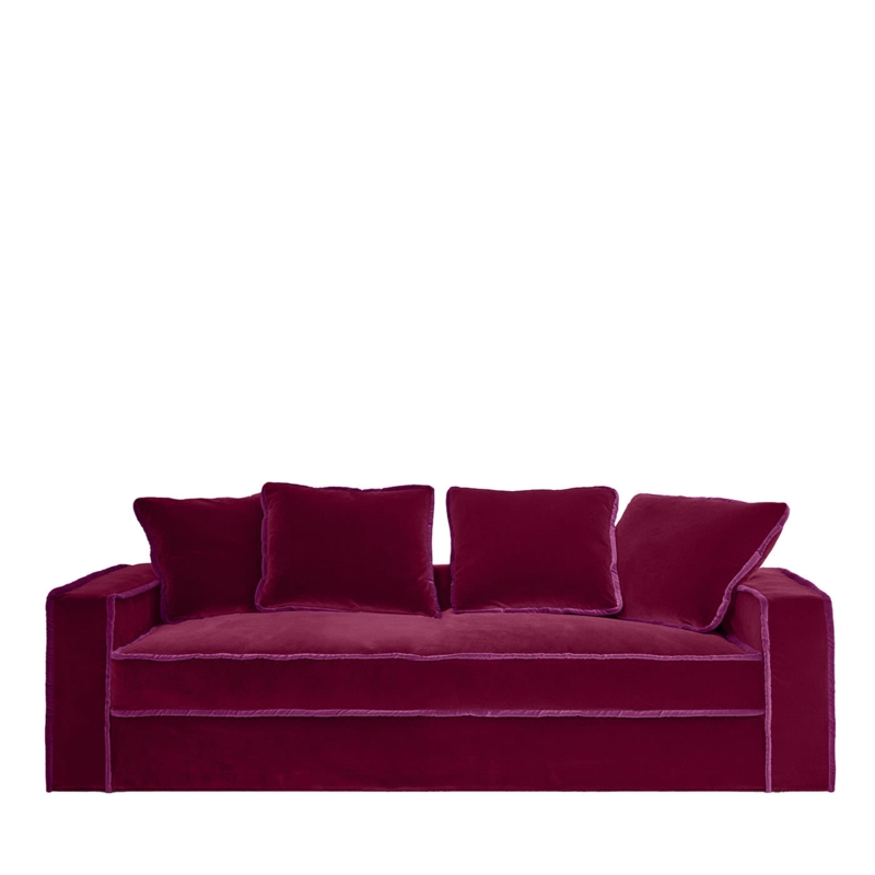 Magenta Velvet Sofa with Flange Seam Detail and Boxed Arms