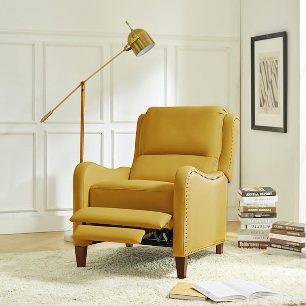 Manual Push-Back Recliner in Yellow Leather-Like with Nailhead Trim