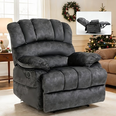 Manual Recliner Charcoal Grey Overstuffed Plush Texture Handle