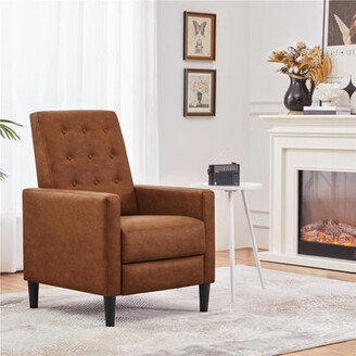 Manual Recliner Cognac Button Tufted Tapered Legs, Mid Century Modern Style