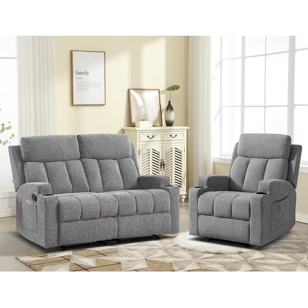 Manual Recliner Set Gray Fabric Overstuffed Cushions Cup Holders