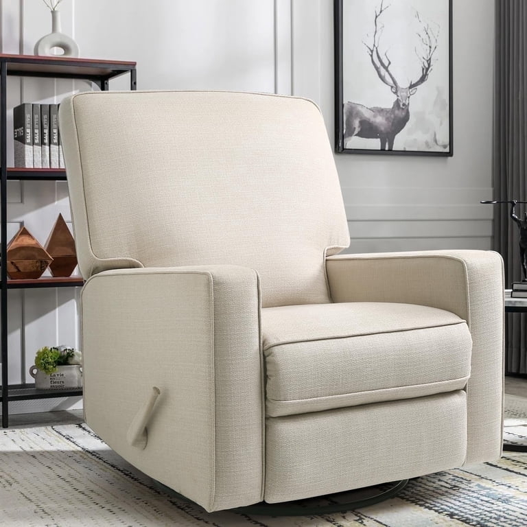 Manual Rocker Glider Recliner with Square Arms and Beige Woven Fabric.