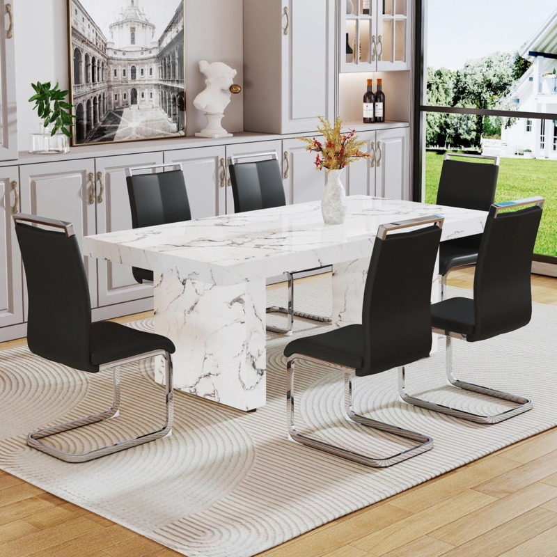 Marble Dining Set with Black Cantilever Chairs and Pedestal Table
