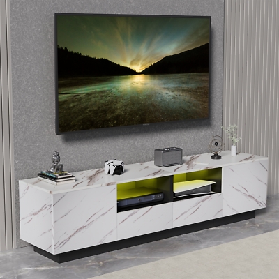 Marble Effect TV Stand with Plinth Base and Integrated LED Lighting