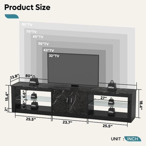 Marble Front Media Console with Black Frame and Glass Shelving