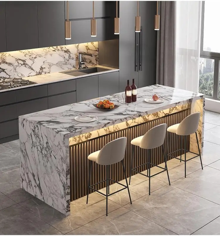 Marble Kitchen Island featuring Waterfall Edge and Slatted Wood