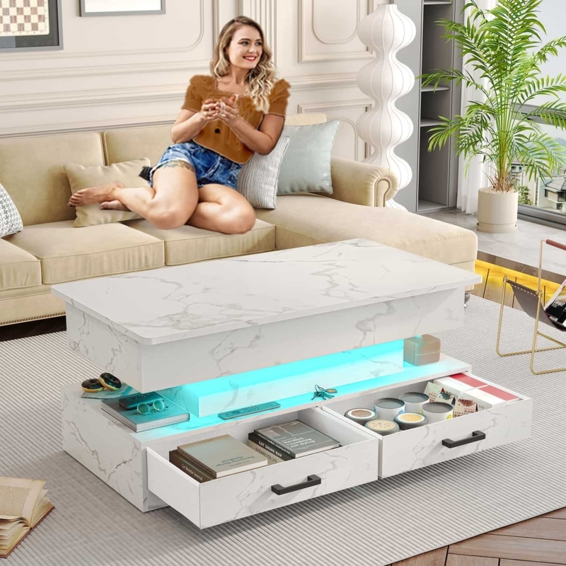 Marble Lift Top Table with Integrated LED Lighting and Drawers