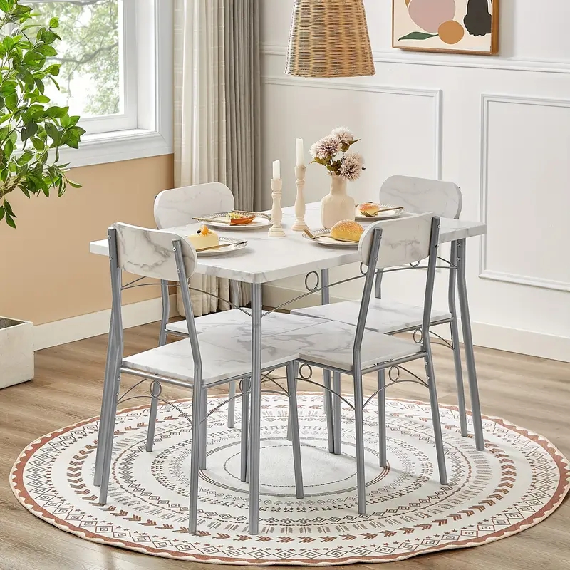 Marble Look Dining Set, 5-Piece with Gray Metal Frame