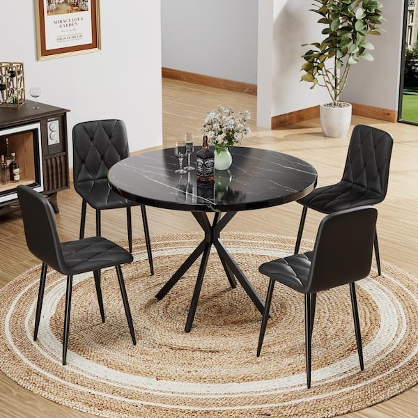 Marble Look Dining Set Round Table Diamond Stitched Chairs