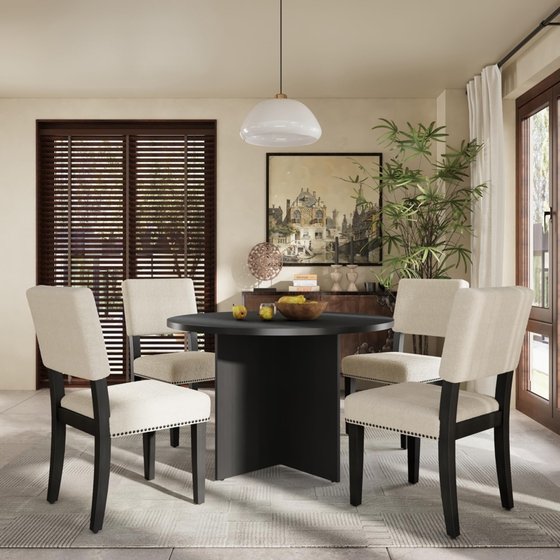 Marble Look Dining Table Set Quilted Chairs Round Pedestal Base