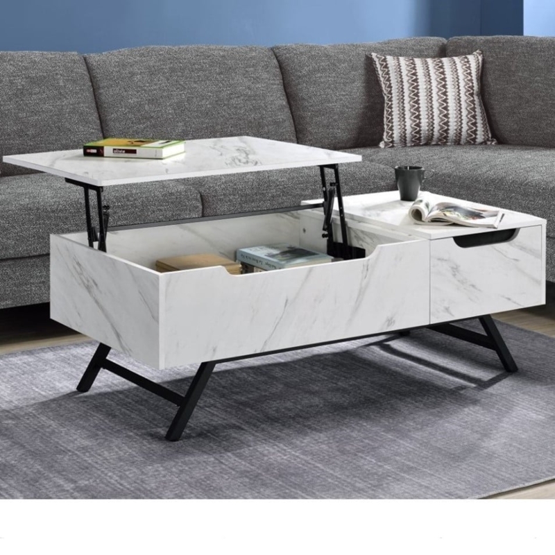 Marble Look Storage Coffee Table with Black Angular Legs