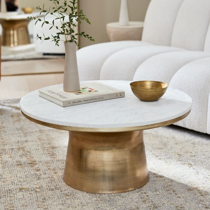 Marble Pedestal Coffee Table Round Flared Brass Base Modern Glam