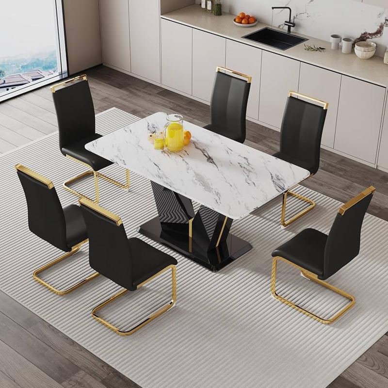 Marble Pedestal Dining Set with Gold Cantilever Chairs