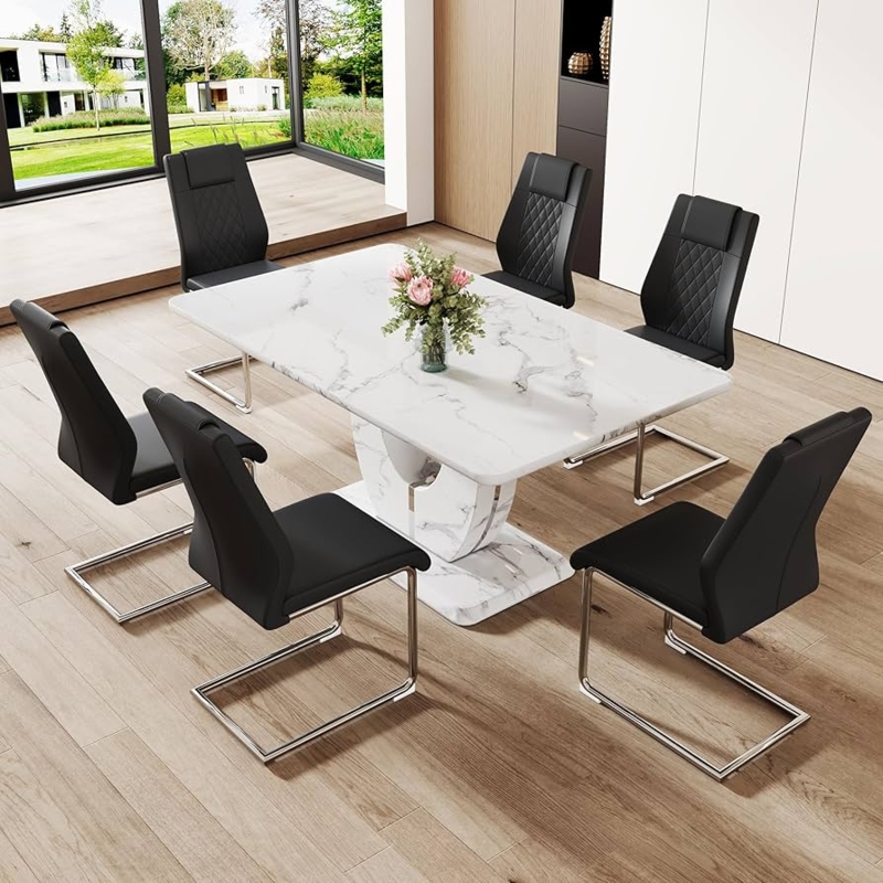 Marble Pedestal Dining Table Set with Black Cantilever Chairs