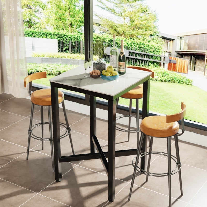 Marble Top Bar Table Set X-Base with Tan Upholstered Stools Footrest