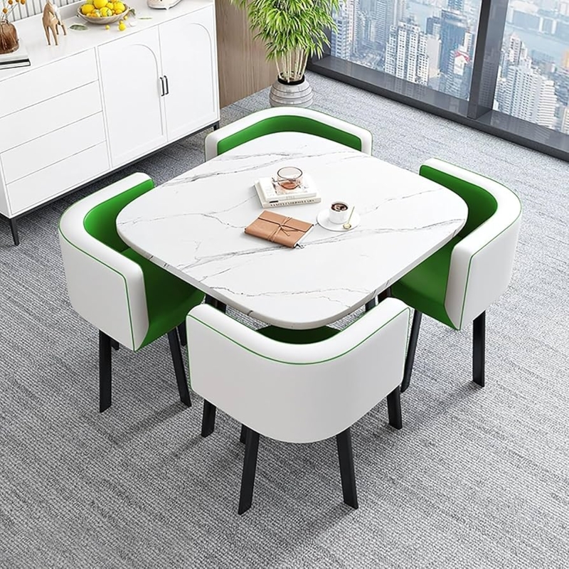 Marble Top Dining Table Set with Green and White Barrel Chairs.