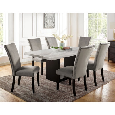 Marble Top Dining Table Set with Pedestal Base and Nailhead Trim