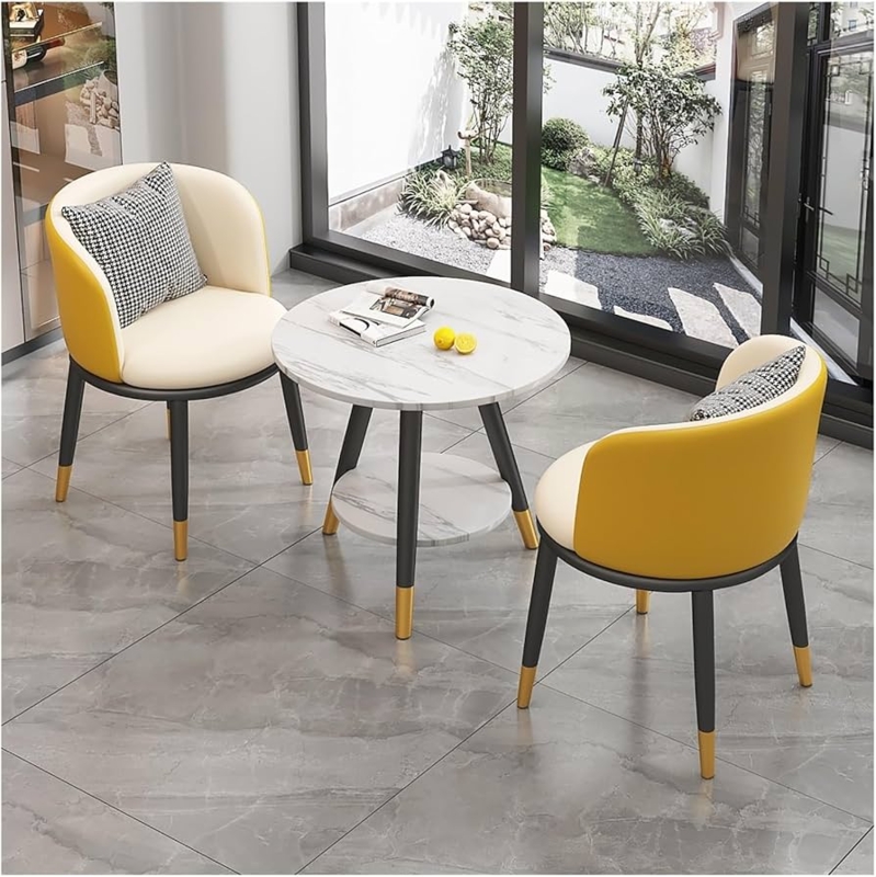 Marble Top Round Dining Table Set Yellow And Cream Gold Tipped Legs