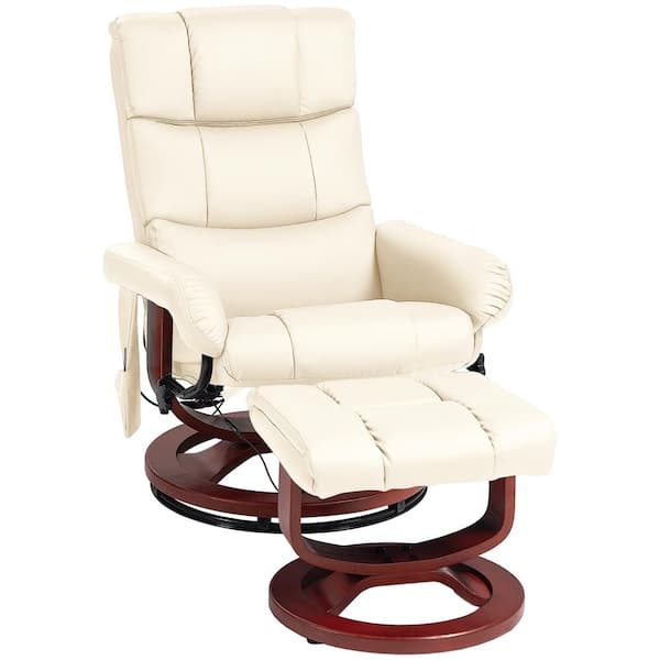 Massage Chair Cream White Curved Wood Base Swivel With Matching Ottoman