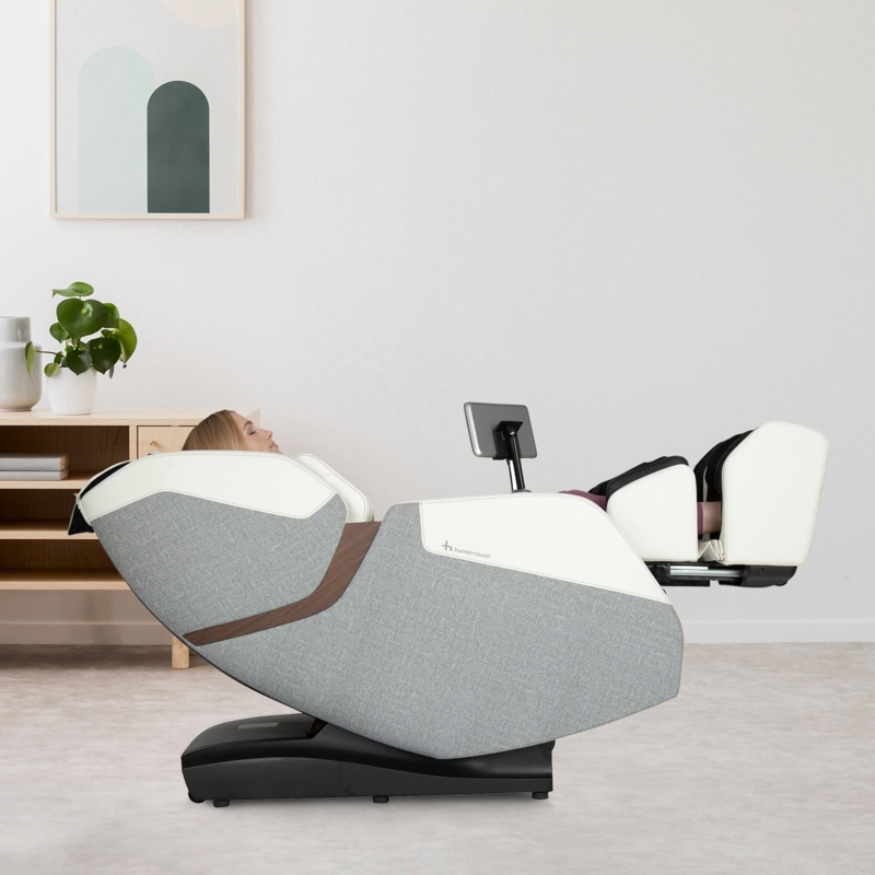 Massage Chair Light Grey Heathered Fabric Wood Toned Side Accent Tablet