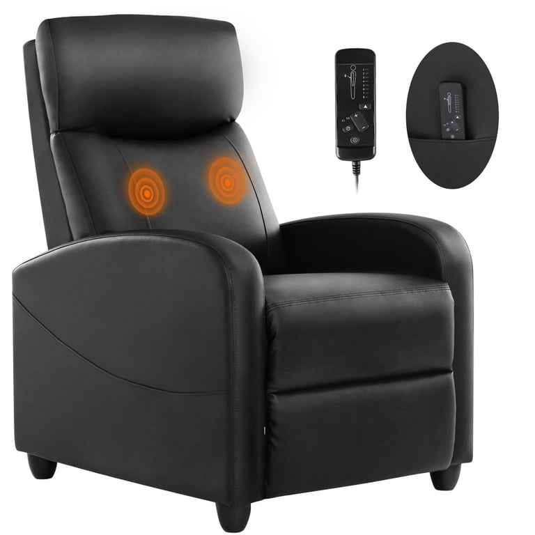 Massage Recliner Black Lumbar Vibration Compact Silhouette Leather-Like