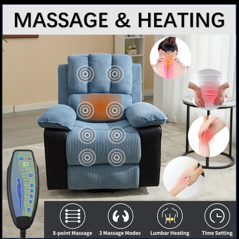 Massage Recliner Chair in Blue Corduroy Texture with Heat Function